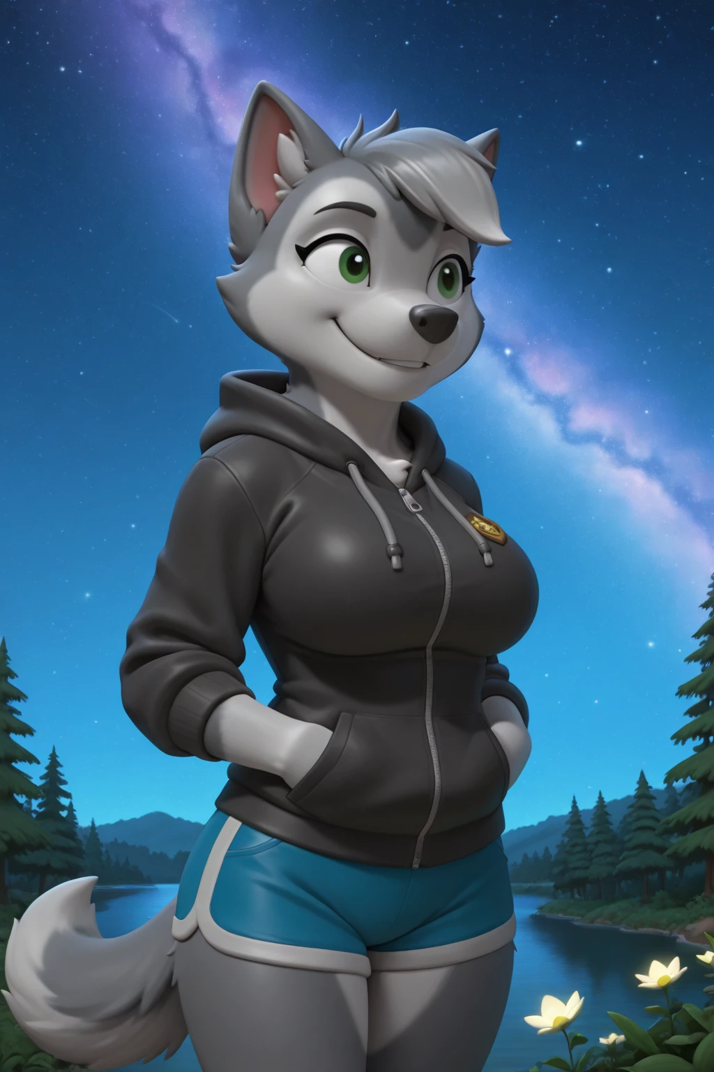 detailed fluffy fur texture, impasto impressionism, zackary911, Zaush, detailed eyes, solo, furry, anthro, GasketV2pp, domestic dog, female, dark green eyes, grey fur, light gray body, fur body, curvy, detailed fluffy fur texture, inner fluff ears, from front, standing, hood, black hoodie, blue track shorts, backlighting, night forest, jungle, starry, nebula, plant, glowing flower, river, interior forest background, 1girl, smile, Big breasts, <lora:Gasket V2,5:1.2>