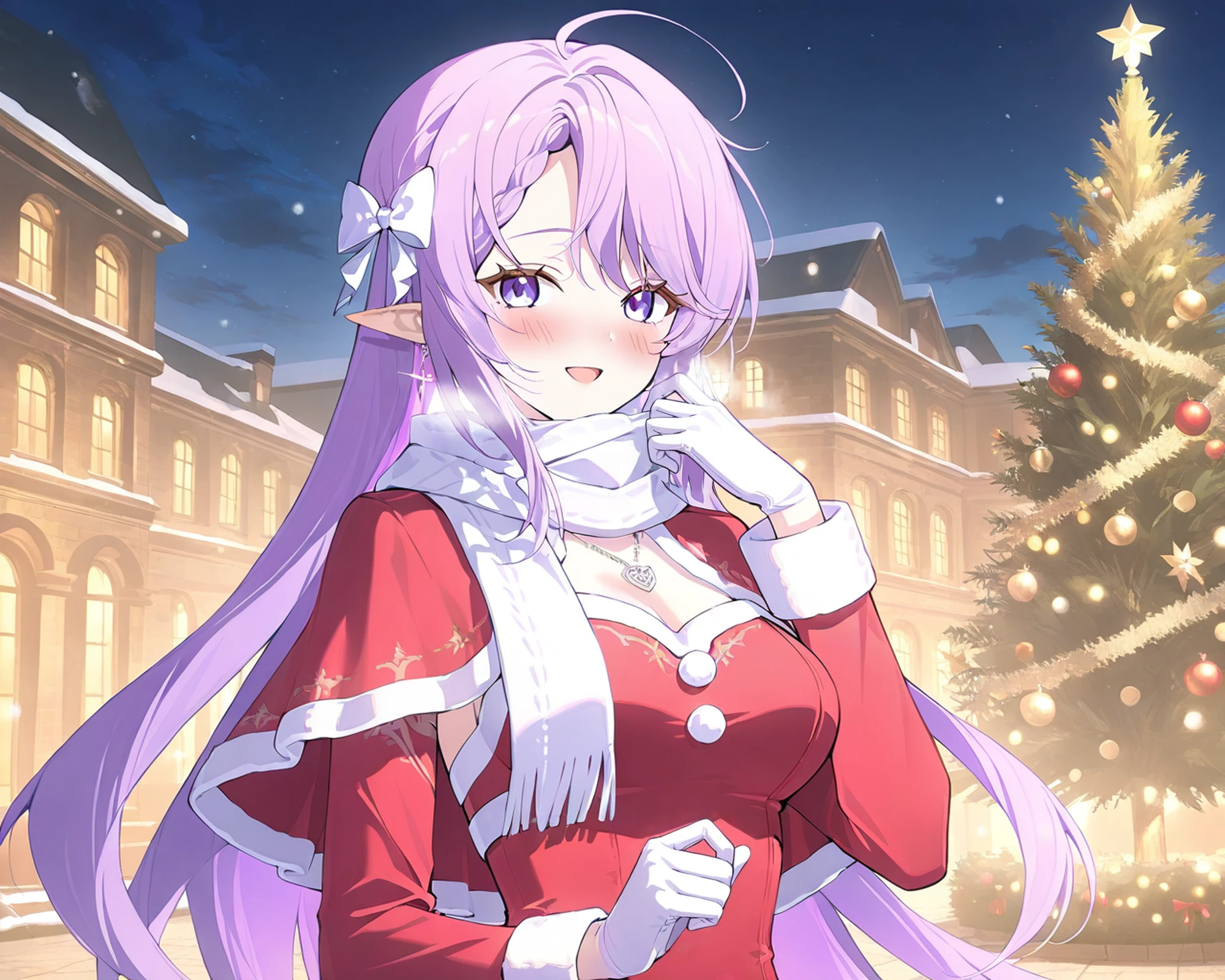 scarf,gloves,night,christmas tree,looking at viewer,outdoors,open mouth,long sleeves,white gloves,capelet,christmas,smile,blush,upper body,red capelet,
BREAK
purple hair,purple eyes,very long hair,large breasts,medium breasts,necklace,ahoge,
year 2024,Visual impact,A shot with tension,32K UHD,sharp focus,Emotionalization,(temperate atmosphere:1.1),with a high-end texture,soothing tones,analogous colors,vibrant color,color contrast,anime-style,
straight_hair,<lora:ill-xl-01-Blue_Archive_Official_3:0.55>,
