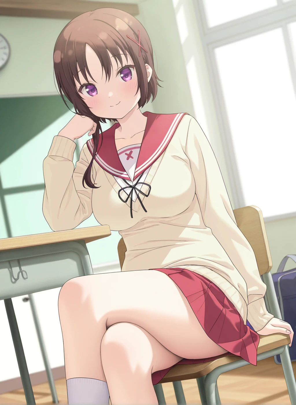 masterpiece,best quality,amazing quality,very aesthetic,high resolution,ultra-detailed,absurdres,newest,scenery,sensitive BREAK
<lora:hagino_chiaki_V1_IL:1>,(hagino chiaki, hinako note, brown hair, short hair with long locks, purple eyes, sidelocks, asymmetrical hair, , x hair ornament, hairclip),(school uniform,serafuku,red sailor collar,neck ribbon,yellow sweater,red skirt,pleated skirt,white socks),1girl,solo,smile,posing,sitting,looking at viewer,indoors,crossed legs,