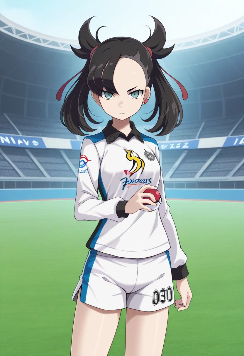 1girl, solo, marimarniess, black hair, twintails, medium hair, hair ribbon, asymmetrical bangs, undercut, earclip, white shirt, long sleeves, side slit shorts, sportswear, outdoors, stadium, standing, cowboy shot, holding pokeball, serious, looking at viewer,