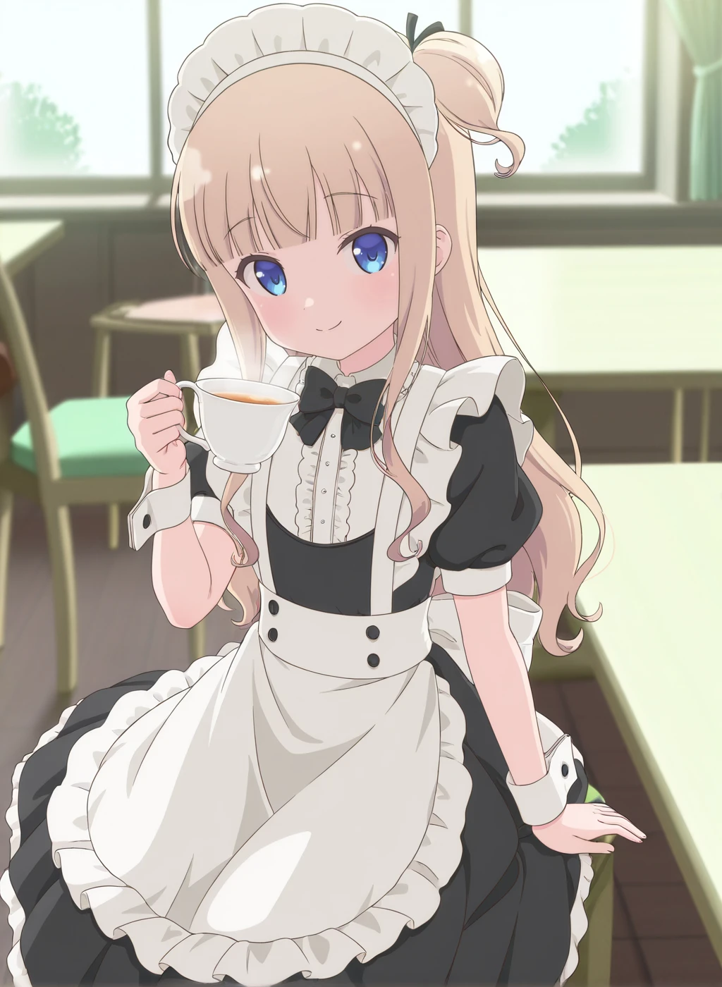 masterpiece,best quality,amazing quality,very aesthetic,high resolution,ultra-detailed,absurdres,newest,scenery,sensitive BREAK
<lora:hiiragi_mayuki_V1_IL:1>,(hiiragi mayuki, hinako note, blonde hair, long hair, blue eyes, blunt bangs, hair ribbon, one side up),(maid,maid apron,maid headdress,black dress,black bowtie,wrist cuffs),1girl,solo,smile,posing,sitting,looking at viewer,indoors,petite,holding cup,cup,table,chair,