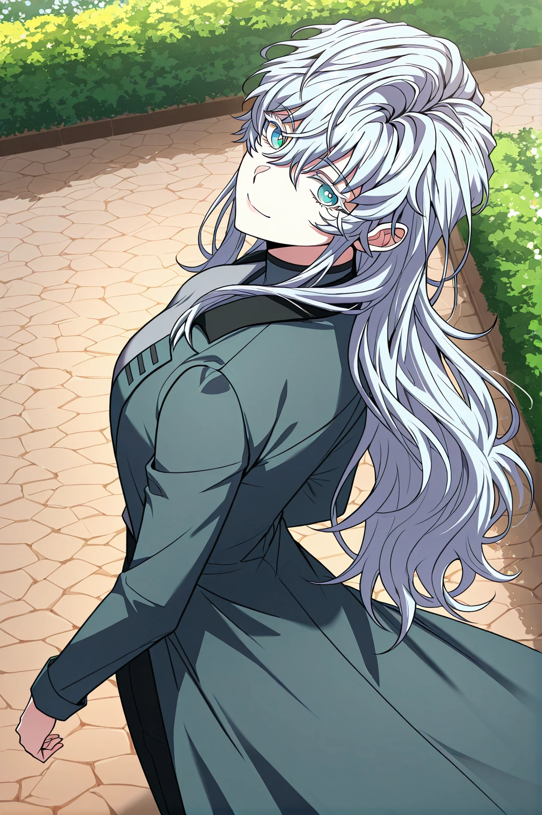 <lora:Return_of_Legendary_Spear_Knight__Icarus:1>
Icarus1, 1girl, solo, teal eyes, long hair, messy hair, light silver hair, layered hair, wavy hair, long bangs, messy bangs, hair between eyes, face framing locks, hair covering eyes, strands over shoulder,
Icarus1_outfit, grey high-neck top, long sleeve top, long bluish grey overcoat, open overcoat, black collar, high-waist black pants, black boots
zPDXL3, score_9_up, score_8_up, score_7_up, (Anime_source),Masterpiece,(perfect female body:1.2), small waist,(incredibly detailed:1.4), looking at viewer, from side, from above, looking back,smile, closed mouth, ((garden background))