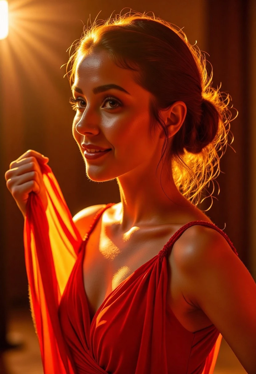 HyperRealism, Close-up of a beautiful and elegant show girl with deep-set eyes and a kind smile, holding a bright scarf, soft golden hour light from the stage, hyperrealistic skin textures, cinematic realism with precise depth of field, ultra detailed