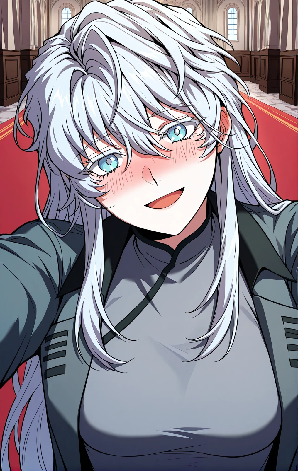 <lora:Return_of_Legendary_Spear_Knight__Icarus:1>
Icarus1, 1girl, solo, light blue eyes, long hair, messy hair, light silver hair, layered hair, wavy hair, long bangs, messy bangs, hair between eyes, face framing locks, hair covering eyes, strands over shoulder,
Icarus1_outfit, grey high-neck top, long sleeve top, long bluish grey overcoat, open overcoat, black collar, high-waist black pants, black boots
score_9, score_8_up, score_7_up, score_6_up, source_anime, rating_explicit, 1girl, solo, smile, embarrassed, alcalose eyes, open mouth, mansion, indoors, looking at viewer, outstretched arms, pov, close-up, (head tilt:1.2)