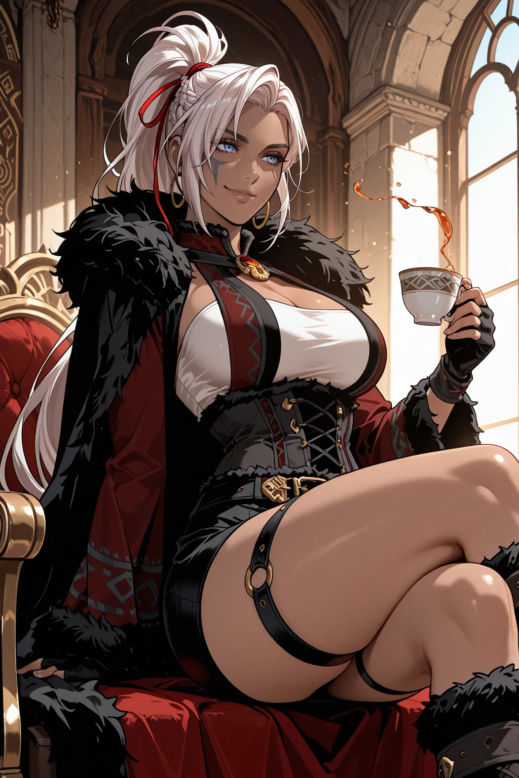 masterpiece, good quality, best quality, very awa, very as2, absurdres, highres
<lora:AranLastadventureerilluLora:1>aran, dark-skinned female, very long hair, white hair, braid, hair ribbon, ponytail, hoop earrings, blue eyes, scar on face, facial mark, fur-trimmed cape, collared halterneck, white bustier, cleavage, wide sleeves, fur-trimmed sleeves, fingerless gloves, brooch, fur-trimmed corset, black belt, belt buckle, black miniskirt, thigh strap, multiple thigh straps, o-ring thigh strap, fur-trimmed knee boots, high heels, sitting, crossed legs, smile, holding cup of tea