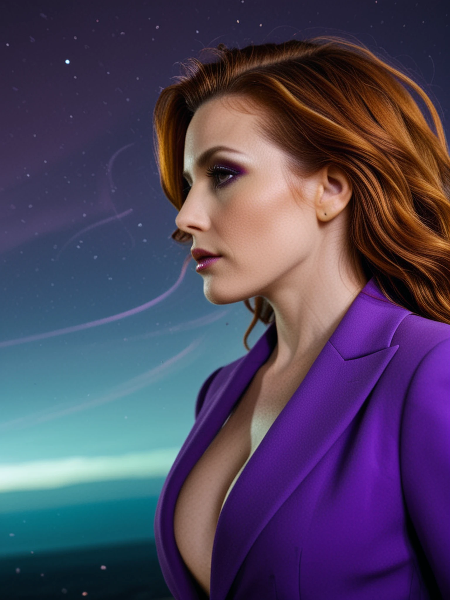 roisin, masterpiece, profile, highly detailed skin, full lips, eye details, (Detailed skin) (detailed face), face focus, portrait, neon purple business suit, dynamic pose, looking at horizon, cleavage, swirling colors, abstract vortex, depth of field, RAW photography, high definition, auburn hair (cinematic:2) film grain, 60mm