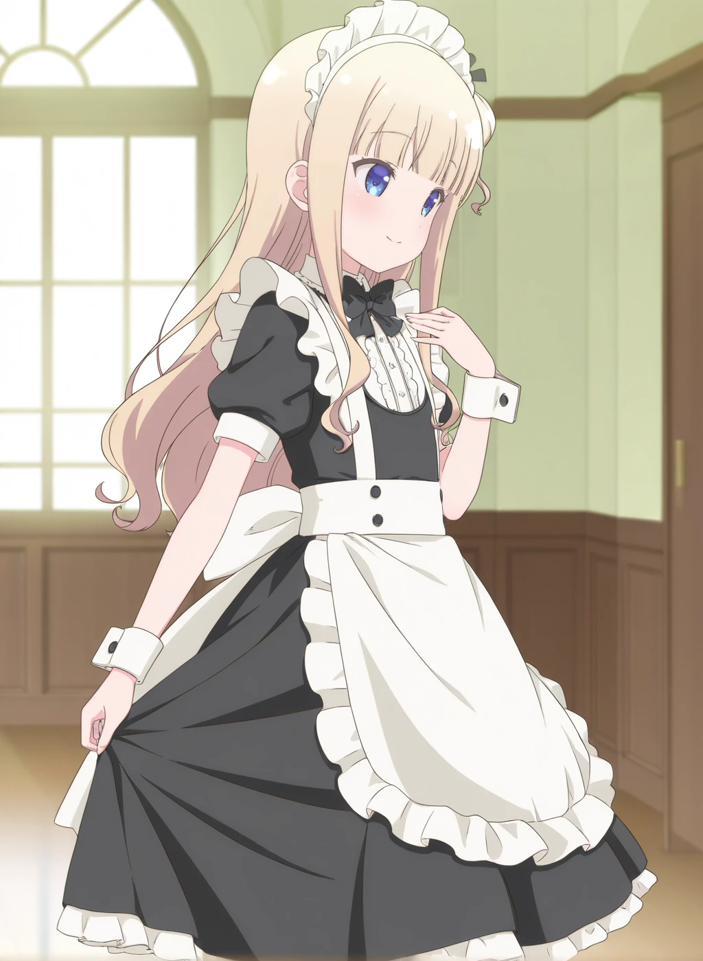 masterpiece,best quality,amazing quality,very aesthetic,high resolution,ultra-detailed,absurdres,newest,scenery,sensitive BREAK
<lora:hiiragi_mayuki_V1_IL:1>,(hiiragi mayuki, hinako note, blonde hair, long hair, blue eyes, blunt bangs, hair ribbon, one side up),(maid,maid apron,maid headdress,black dress,black bowtie,wrist cuffs),1girl,solo,smile,posing,standing,indoors,from side,petite,