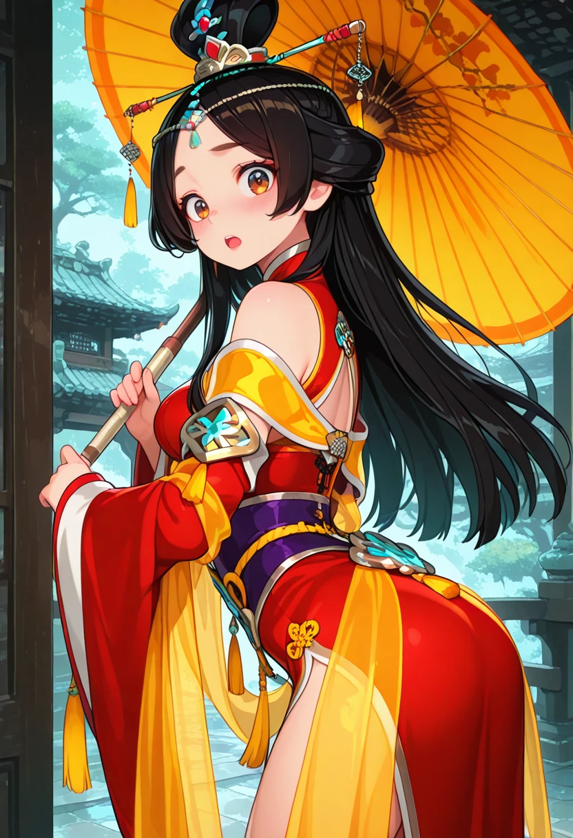 1girl, wangzhaojun, brown eyes, lips, black hair, long hair, topknot, hair ornament, hair stick, hair chain, red chinese dress, bare shoulder, detached wide sleeves, yellow shawl, purple sash, shendyt, tassel, chatelaine, holding oil-paper umbrella, blush, shy, happy, surprised, looking at viewer, open mouth, side view, lean forward, highres, masterpiece, best quality, amazing quality, very awa, very aesthetic, , <lora:Illust\edit\new\wangzhaojun_civilization_v2.safetensors:1.0:1.0>