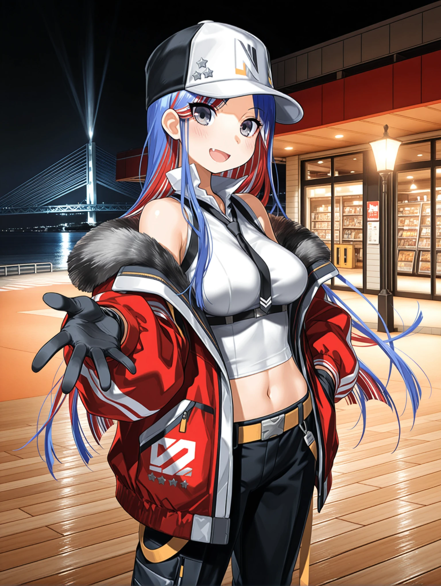 masterpiece,best quality,amazing quality,
solo,1girl,
<lora:south_dakota_v1.6:1>,s_hat,baseball cap,
B_B_s_dakota,multicolored hair,long hair,grey eyes,
v_clothes,black tie,sleeveless shirt,fur trim,multicolored jacket,open clothes,black gloves,gloves,midriff,navel,black pants,
<lora:commercial_facility_ilxl_1.0:1>,c_f00,night,night sky,sky,bridge,ocean,city lights,crosswalk,dark,lamp,lamppost,shop,road,wooden floor,:d,light_blush,