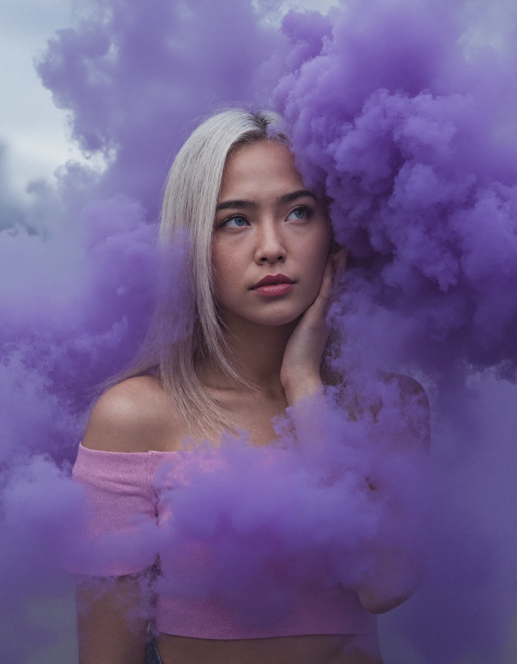 Hyperrealistic cinematic portrait featuring a mysterious young woman, looking at viewer, she has a light skin tone and straight white hair cascading down her shoulders. Her expression is contemplative, with her eyes gazing upward and slightly to the right, her lips slightly parted. She has a subtle, natural makeup look with a hint of pink on her cheeks and lips. She is dressed in a sleeveless top, which reveals her bare shoulders. Her facial features are sharp and well-defined, with a strong jawline and full red lips. Her eyes are almond-shaped and accentuated with dramatic, long-lasting, lavender-hued eyeliner that extends into winged shapes at the outer corners, complemented by voluminous, dark brown lashes.
vivid blue eye makeup. She has a fair complexion with a scattering of freckles across her cheeks and forehead. Her eyes are a striking blue, accentuated by thick, eyeliner that extends beyond her natural eye shape, creating a dramatic winged effect. Her eyebrows are well-groomed and dark, framing her eyes.
standing in an outdoor setting, surrounded by swirling clouds of vibrant, ethereal smoke in shades of purple and blue. The smoke forms a dramatic, swirling vortex around her, with tendrils curling and dissipating into the misty air. vibrant background featuring a rainbow effect. The woman, likely in her mid-twenties, has light skin and straight, shoulder-length blonde hair. She is wearing a light pink, off-the-shoulder crop top that reveals her shoulders and upper chest, and high-waisted, light blue denim shorts. Her facial expression is serene, with a subtle, almost ethereal glow on her face, possibly from the smoke or a filter.
The smoke, which is the dominant element of the image, transitions smoothly from deep purple to light blue, creating a mesmerizing contrast against the soft, diffused natural light. The background is out of focus, with a muted, almost monochromatic, blue hue that blends with the smoke, suggesting an overcast sky or a misty environment. The overall atmosphere is dreamy and slightly surreal, with a mix of modern and mystical elements. The photograph's color palette and the woman's attire evoke a sense of cool, edgy style and artistic expression. The image's composition and lighting emphasize the surreal, otherworldly