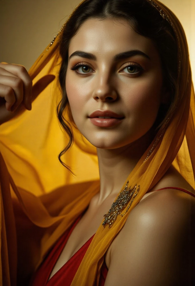 HyperRealism, Close-up of a beautiful elegant show girl with deep-set eyes and a kind smile, holding a bright scarf, soft golden hour light from the stage, hyperrealistic skin textures, cinematic realism with precise depth of field