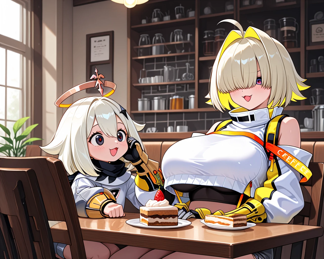 masterpiece, very awa, paimon, elegg \(nikke\), duo, 2girls, safe, cafe,