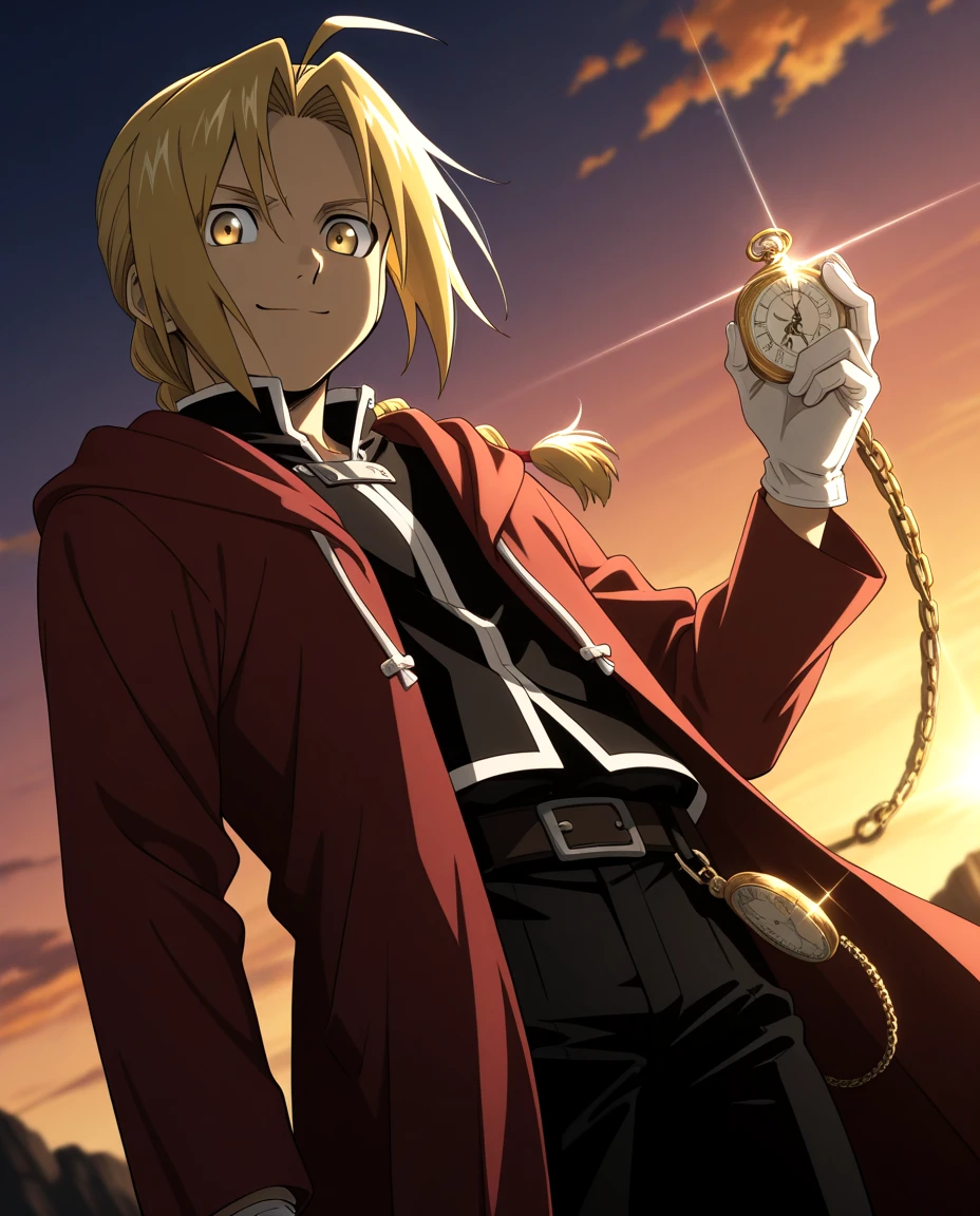 1boy, boy focus, smile, looking at viewer, edward elric, blonde hair, yellow eyes, braid, ahoge, red coat, black jacket, white gloves, black pants, holding, pocket watch, watch, hand up, standing, outdoors, sunset, from below, dutch angle, glowing, diffraction spikes, blurry foreground, cowboy shot, dynamic angle, (dark:1.3), (sidelighting:1.2), score_9, score_8_up, score_7_up, anime coloring, anime screencap, official style, <lora:dark chiaroscuro:1>