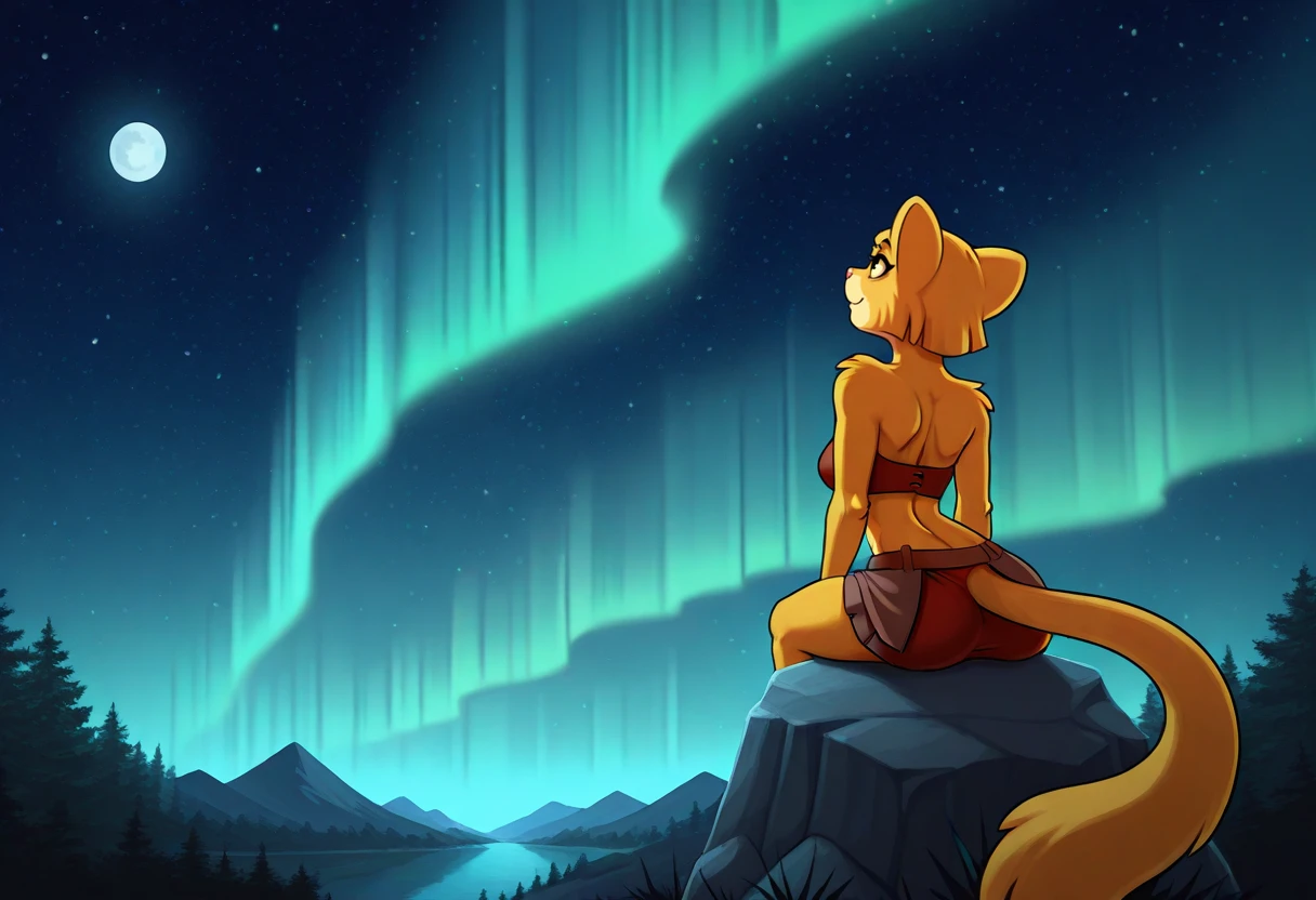 masterpiece,best quality,amazing quality, good quality, solo, 1girl, <lora:PlagueOfGripes_Style_Illust_V1:1> plagueofgripes, plaguekatia,
<lora:katia_managan:0.3> katia_managan, furry, furry female, nature, starry sky, stars, night,moon, glow, aurora, northern lights, fantasy, sitting on a rock, (looking up:0.7), wistful, from behind, side view, character framed off-center, landscape focus