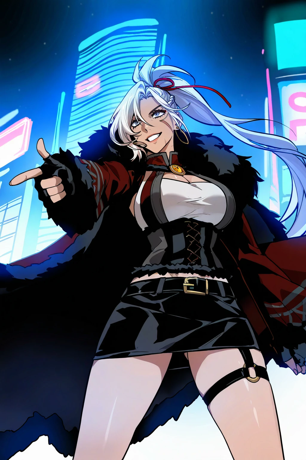 masterpiece, good quality, best quality, very awa, very as2, absurdres, highres
<lora:AranLastadventureerilluLora:1>aran, dark-skinned female, very long hair, white hair, braid, hair ribbon, ponytail, hoop earrings, blue eyes, scar on face, facial mark, fur-trimmed cape, collared halterneck, white bustier, cleavage, wide sleeves, fur-trimmed sleeves, fingerless gloves, brooch, fur-trimmed corset, black belt, belt buckle, black miniskirt, thigh strap, multiple thigh straps, o-ring thigh strap, finger gun, grin, cyberpunk city, night, neon