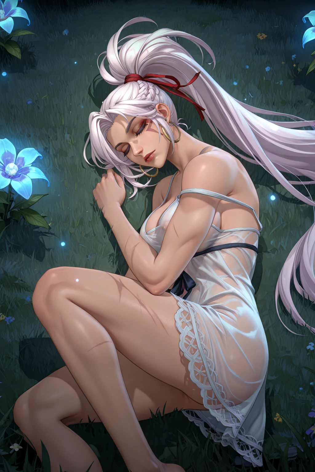 masterpiece, good quality, best quality, very awa, very as2, absurdres, highres,
<lora:AranLastadventureerilluLora:1>aran, dark-skinned female, very long hair, white hair, french braid, hair ribbon, ponytail, hoop earrings, closed eyes, scar on face, facial mark, lace trim, negligee, lying, on grass, flower field, night, from above, on side
<lora:Wild Rift StyleIlluLYCO:1.2> 1girl, solo, breasts, looking at viewer, makeup, cowboy shot, knee to chest, (see-through clothes:2), strap slip, sideboob, no bra, no panties, covered nipples, large breasts, cleavage, head tilt, tall grass, sleeping, nude, nipple slip,