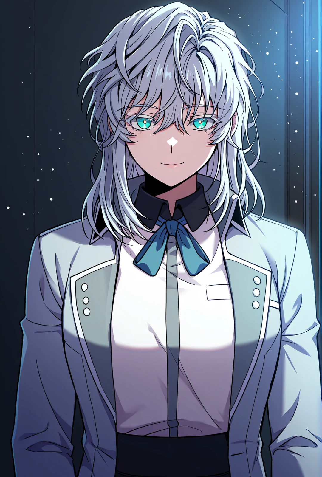 <lora:Return_of_Legendary_Spear_Knight__Icarus:1>
Icarus3, 1girl, solo, teal eyes, medium hair, messy hair, light silver hair, layered hair, wavy hair, long bangs, messy bangs, face framing locks, hair covering eyes,
Icarus3_outfit, light blue blazer, open blazer, silver buttons, white trim, white shirt, black collar, blue ribbon necktie, high-waist black pants,
score_9, score_8_up, score_7_up, score_6_up, source_anime, rating_explicit, masterpiece, best quality, intricate details, gothic fantasy, confident gaze, cinematic lighting, clean background, glowing magical particles, detailed face, vibrant colors, light smile, looking at viewer
