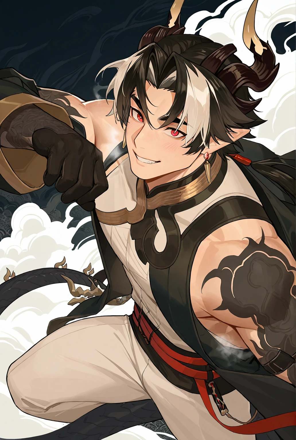 very awe,aesthetically pleasing,masterpiece,best quality,amazing quality,very aesthetic,ultra-detailed,high resolution,8k,1boy,solo,male focus,detailed face,horns,black hair,pointy ears,multicolored hair,white hair,jewelry, mature male,dragon boy,earrings,red eyes,colored skin arms,black arms,black hands,sleeveless,jacket,long sleeves,dynamic pose,steaming,smile,teeth,perspective,ink background,looking at viewer,<lora:add-detail-xl:1>,<lora:Chongyue:0.7>,chongyue ak,<lora:jiaocha_illustriousXL:0.5>,