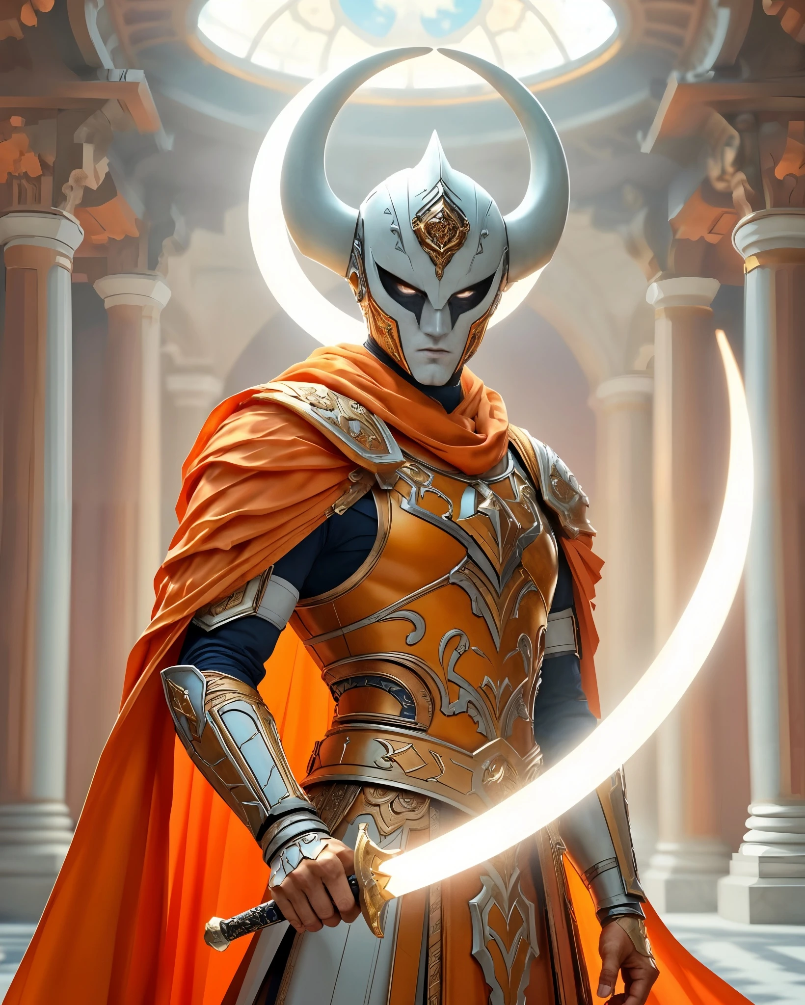 A heroic figure in ornate armor stands confidently in a grand architectural setting. The armor features intricate designs with gold accents and is complemented by a billowing orange cape. The character's helmet, adorned with horns and a central gemstone, obscures their face, except for glowing eyes. In one hand, they wield a curved sword that glimmers with a bright sheen, while the background showcases elegant columns and a circular light source, enhancing the majestic atmosphere.