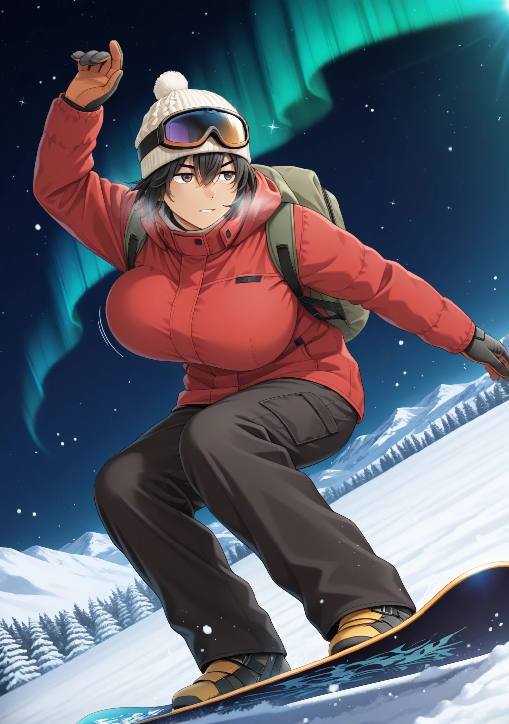 masterpiece, best quality, absurdres, perfect lighting,shiny skin,1girl,huge breasts,yukie,short hair,hair between eyes,black hair,black eyes,<lora:yukie_illu2:1>,ski goggles, ski_wear,gloves,ski boots,knit hat,backpack,serene atmosphere, soft and warm lighting,mountains,wildflowers, snow-capped peaks, fresh air,night sky,aurora,snow,blizzard,wing,nature,mountain,snow avalanche,snot,snowboard, snowboarding,winter, goggles on head,floating hair, sparkle, snowing, lens flare,jumping, ceiling, wide shot,motion lines,speed lines,dynamic pose, <lora:snowboard_Illust_v1:0.8>
