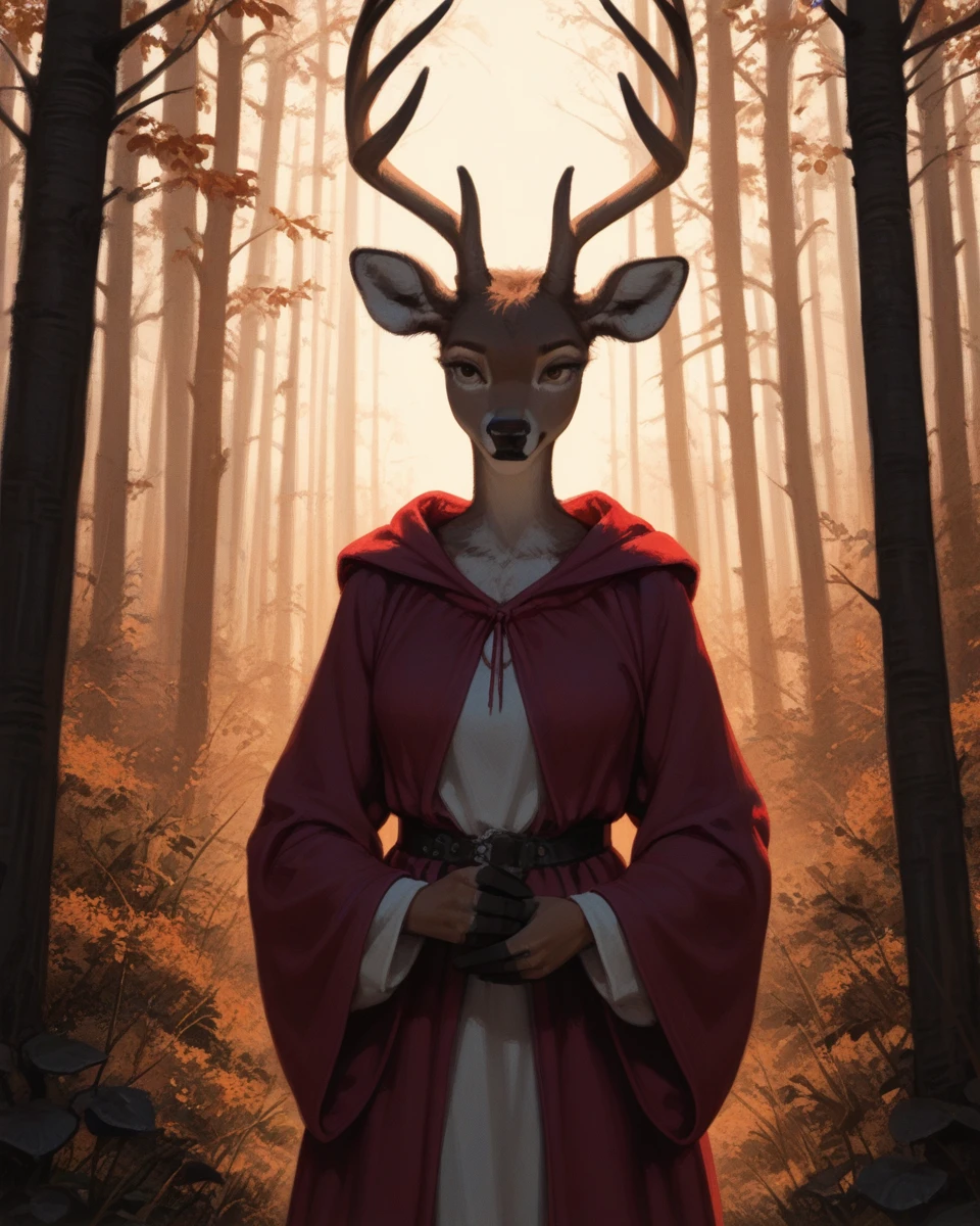 honovy, 96yottea, nomax,
1girl, solo, anthro, deer, soft fur, fantasy robes, peaceful forest, gentle smile, warm lighting,
