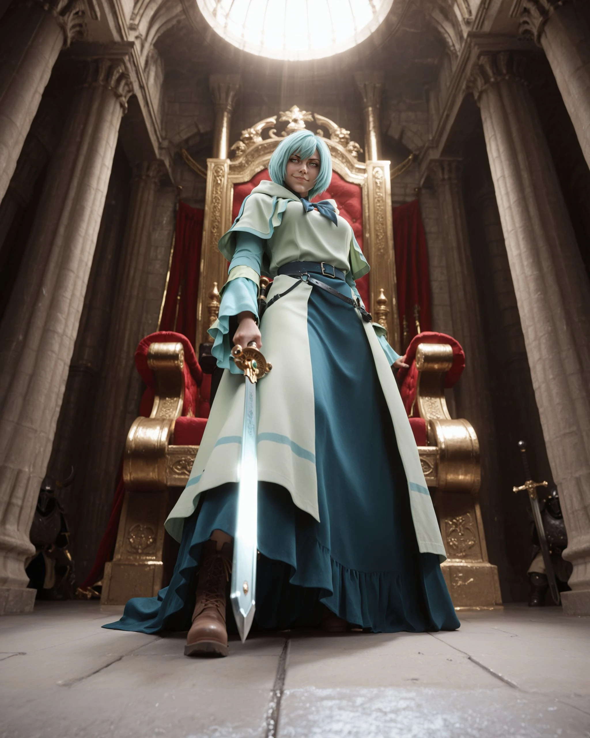 1girl, Lelei_La_Lalena, full body,
elegant but intimidating attire, long coat, high boots,
standing over a kneeling, defeated opponent, looking down, pointing a sword at their throat,
imperious, condescending smirk, cold eyes, utter dominance,
low angle (from opponent's POV), dramatic shadows, backlight, powerful silhouette,
throne room, dueling arena, large banners, columns,
masterpiece, best quality, dramatic, cinematic, high contrast, powerful
<lora:Lelei La Lalena_Illustrious2:1>