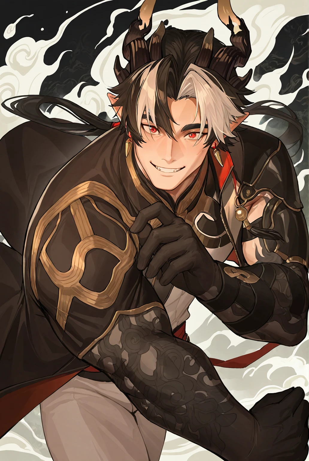 very awe,aesthetically pleasing,masterpiece,best quality,amazing quality,very aesthetic,ultra-detailed,high resolution,8k,1boy,solo,male focus,detailed face,horns,black hair,pointy ears,multicolored hair,white hair,jewelry,mature male,dragon boy,earrings,red eyes,colored skin arms,black arms,black hands,jacket,long sleeves,dynamic pose,steaming,smile,teeth,perspective,ink background,looking at viewer,<lora:add-detail-xl:1>,<lora:Chongyue:0.7>,chongyue ak,<lora:jiaocha_illustriousXL:0.5>,