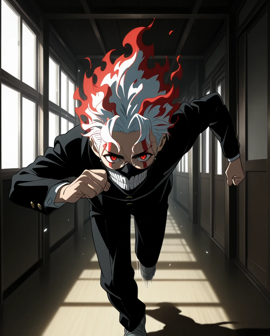 <lora:ken_takakura_anime_v2-soralz:1>, ken takakura, transformation, white hair, red hair, fiery hair, multicolored hair, round eyewear, red eyes, facial mark, jaw mask, teeth, school uniform, gakuran, long sleeves, black pants, grey footwear, 1boy, male focus, solo, looking at viewer, running, motion blur, speed lines, dynamic pose, dynamic angle, hallway, sliding doors, window, sidelighting, light particles, shadow, score_9, score_8_up, score_7_up, anime coloring, anime screencap, <lora:dark chiaroscuro:1.5>