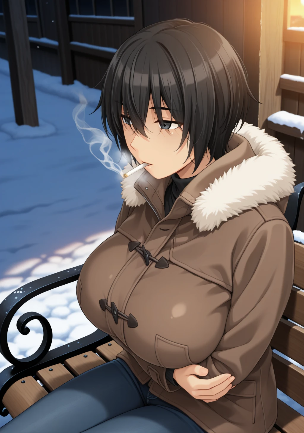 masterpiece, best quality, absurdres, perfect lighting,shiny skin,1girl,huge breasts,yukie,short hair,hair between eyes,black hair,black eyes,<lora:yukie_illu2:1>,brown_jacket,fur trim,jeans,depth of field,sunset,winter,snow,cold,crossed arms,heavy breath,countryside street,sitting, bench,look_away,colored sclera, smoking