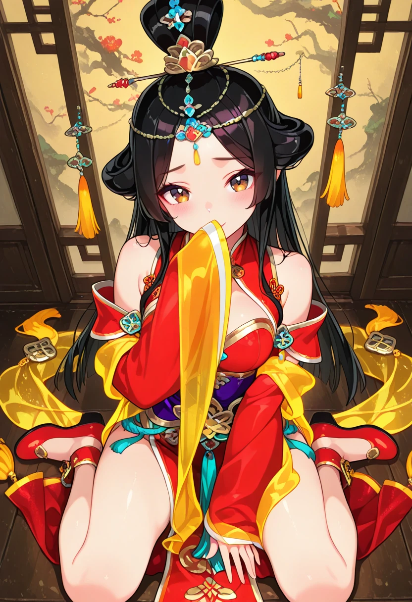 1girl, wangzhaojun, brown eyes, lips, black hair, long hair, topknot, hair ornament, hair stick, hair chain, red chinese dress, bare shoulder, detached wide sleeves, yellow shawl, purple sash, shendyt, tassel, chatelaine, red platform shoes, wariza, blush, smile, looking at viewer, view from above, sleeve past wrist, covering mouth, highres,  masterpiece, best quality, amazing quality, very awa, very aesthetic, , <lora:Illust\edit\new\wangzhaojun_civilization_v2.safetensors:1.0:1.0>