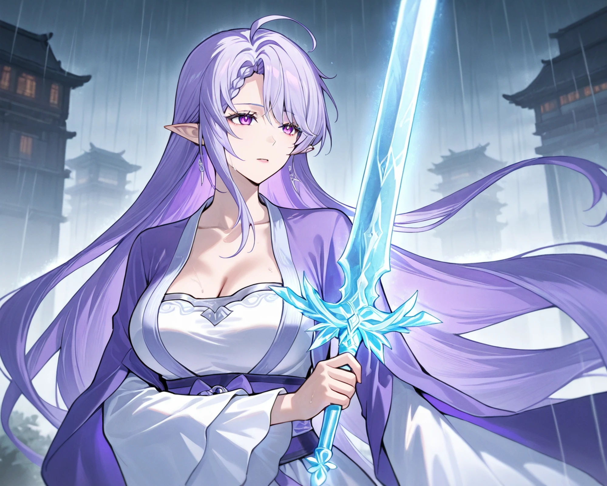 1girl,solo,
purple hair,purple eyes,very long hair,large breasts,pointy ears,mature female,ahoge,braid,
hanfu,large breasts,upper body,
BREAK
Jun,white chinese clothes,white hair,long sword,melancholic mood,reflective gaze into the distance,
flowing sleeves,holding a glowing ice - crystal sword,dynamic pose with body turned sideways,back partially exposed,dislike,
soft focus background,gentle rain falling,woman standing alone in the rain,chinese anicent building,
straight_hair,<lora:Jin-Chinese_style:0.6>,<lora:é¶æ²³v2:0.8>,