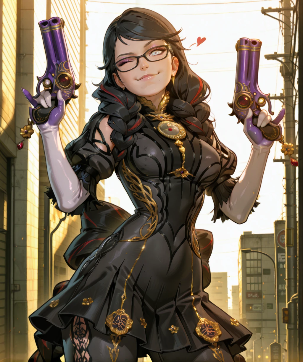 bynttaxl, light blue eyes, makeup, black hair, streaked hair, glasses, mole under mouth,
jewelry, twin braids, bodysuit, clothing cutout, elbow gloves, hips,
skirt, smile, holding guns, wink, heart,
Soft lighting, looking at viewer, urban,
clear composition, atmospheric haze, ambient occlusion,
(insanely detailed, masterpiece, best quality,), <lora:BayonettaXL-12v1-iLL:1>,