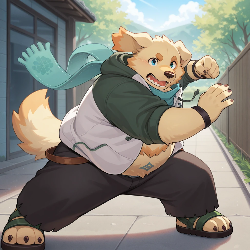 masterpiece, best quality, newest, absurdres, highres, safe,<lora:p:1> cu sith, furry, anthro, dog, golden retriever, chubby, fat, scarf, hoodie, sandals, pants,  outside, fighting stance, action pose,  <lora:NOOB_EPSv1_1_detailer_by_vlnvk_v1_0:1>  detailed background,