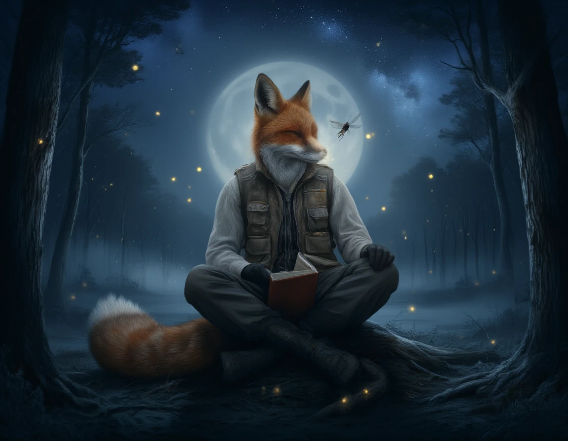 photorealistic <lora:Dever_Flux_Enhancer:0.5>,Shurochka the Philosopher â In the Moonlight
A red fox sits cross-legged on a tree root under a full moon, her eyes closed in thought. She wears a practical vest with many pockets, one holding a closed notebook. Her tail is still, like a shadow. Around her: fireflies drifting like punctuation marks, a dragonfly hovering like a comma. Background: a moonlit forest clearing, soft blue shadows, the Milky Way above. Style: realistic wildlife illustration, soft ambient lighting, emotional depth in the eyes. Mood: introspective, wise, quietly profound. . highly detailed, lifelike, precise, accurate