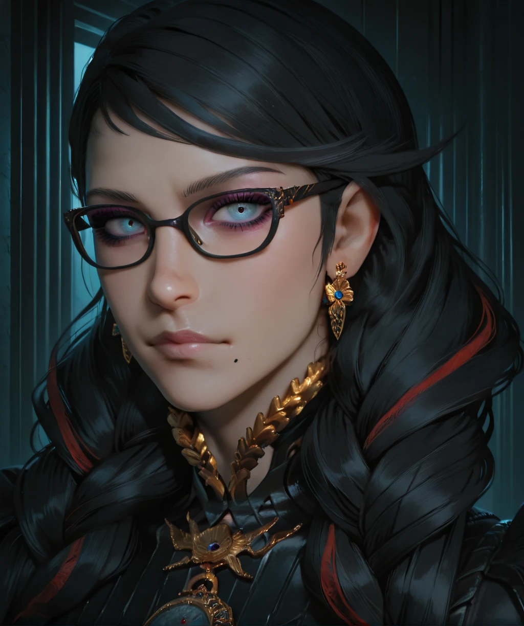 bynttaxl, light blue eyes, makeup, black hair, streaked hair, glasses, mole under mouth,
jewelry, earrings, twin braids, bodysuit,
upper body, close up,
dark, Soft lighting, looking at viewer,
clear composition, atmospheric haze, ambient occlusion,
(insanely detailed, masterpiece, best quality,), <lora:BayonettaXL-12v1-iLL:1>,
