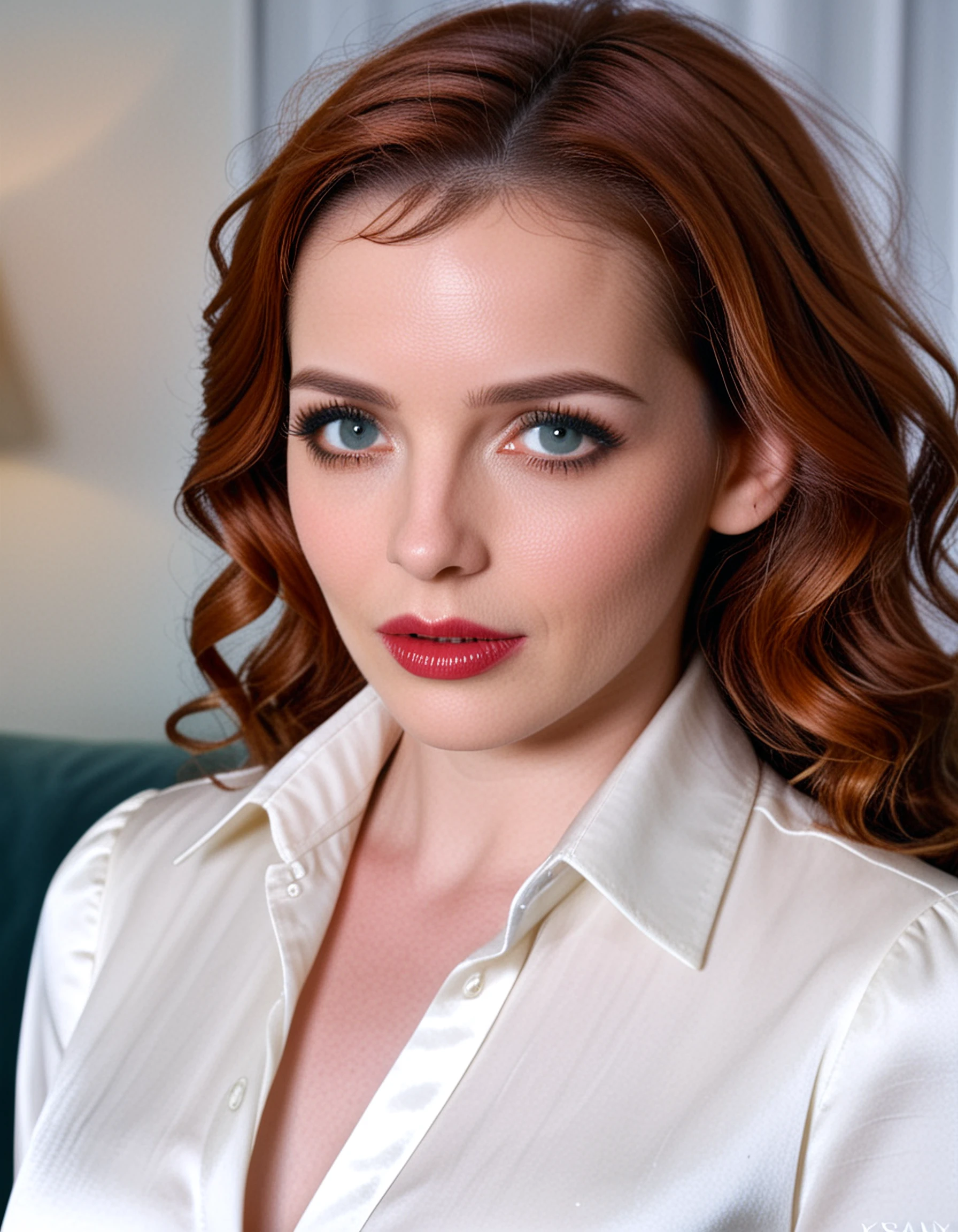 roisin, realistic, waist-up professional portrait, playful glance pose, high collared shirt, satin shirt, (detailed face), focus on eyes, eyelashes, 30-year-old woman, auburn hair, wavy hair, full lips, depth of field, (film grain:2)