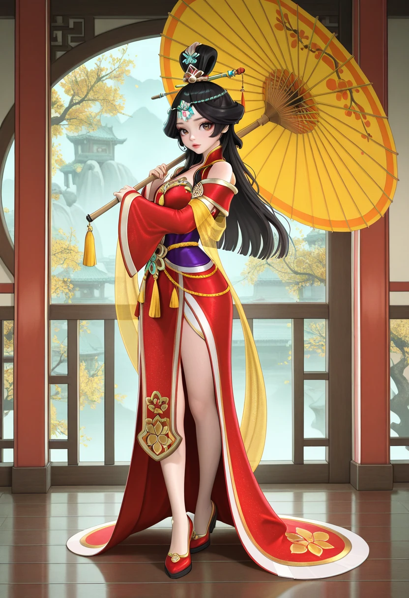 1girl, wangzhaojun, brown eyes, lips, black hair, long hair, topknot, hair ornament, hair stick, hair chain, red chinese dress, bare shoulder, detached wide sleeves, yellow shawl, purple sash, shendyt, tassel, chatelaine, red platform shoes, holding oil-paper umbrella, highres, masterpiece, best quality, amazing quality, very awa, very aesthetic, , <lora:Illust\edit\new\wangzhaojun_civilization_v2.safetensors:1.0:1.0>