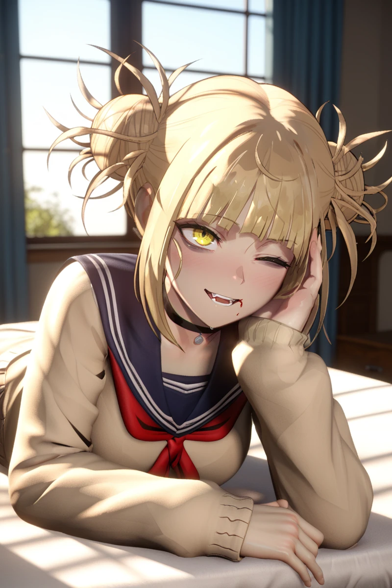 cinematic film still ãã¬ããã³101 yellow eyes <lora:Dramatic Lighting Slider:2> ,score_9, score_8_up, score_7_up, score_6_up <lora:Himiko_Toga_ãã¬ããã³._My_Hero_Academia_101:0.8> ãã¬ããã³101, twin messy hair bun, 1girl, blonde hair, yellow eyes , bags under eyes ,eyeliner ,  school uniform ,blowing kiss, solo, one eye closed,  on stomach, indoors, lying, looking at viewer,  , window, the pose, breasts, blush, , long sleeves, feet up, medium breasts, curtains, , choker,, masterwork, masterpiece, best quality, detailed, depth of field, , high detail, best quality, very aesthetic, 8k, dynamic pose, depth of field, dynamic angle, adult, aged up , fangs , bags under eyes , hiding a knife behind her back covered in dripping blood . shallow depth of field, vignette, highly detailed, high budget, bokeh, cinemascope, moody, epic, gorgeous, film grain, grainy