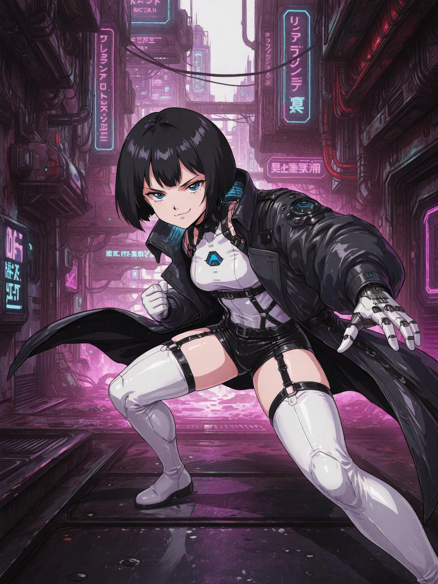masterpiece, best quality, detailed, highres, newest,  dynamic pose, foreshortening, extreme perspective1girl, solo, short hair, bob cut, black hair, blue eyes, piercing gaze, futuristic outfit, white bodysuit, harness, leather shorts, thigh-high boots, without jacket, detailed outfit, character concept, sci-fi fashion, ,cyberpunk .Please make this image into anime art style. Fan art style, action pose, scifi armor, retro artstyle, 90s anime, cyberpunk trench-coat, thighhighs,  highly aesthetic, beautiful cyborg, standing, , fighting stance, smug expression , decrepit alleyway, cyberpunk city,