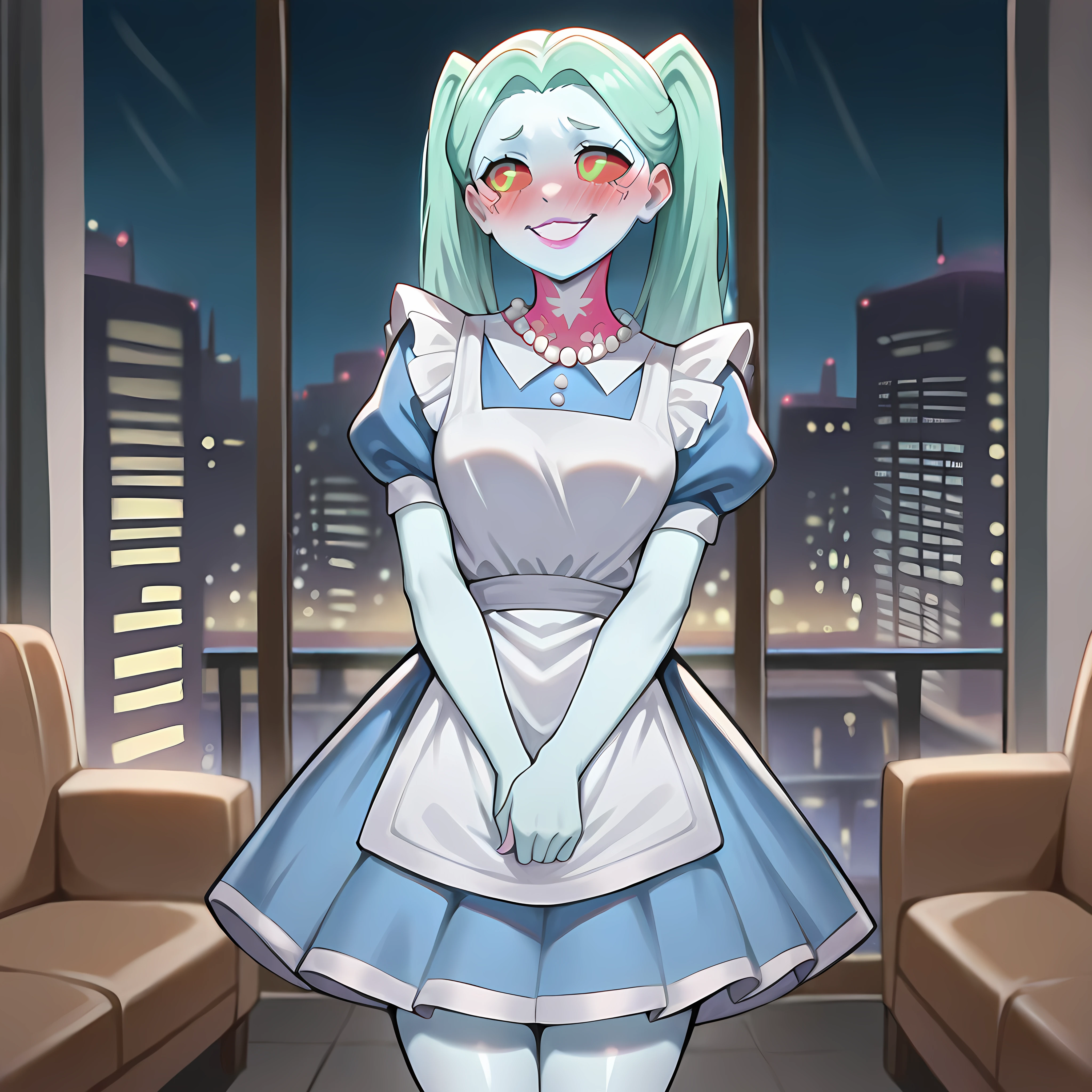 Masterpiece, newest, perfect quality, best quality, 1girl, solo, rebecca \(cyberpunk\), big_hero_6, cowboy shot, 50shous3wif3, jewelry, full body, lipstick, pearl necklace, dress,white apron, short sleeves, puffy sleeves, smile, blush, embarrassed, looking away, indoors, night, apartment, couch, cityscape