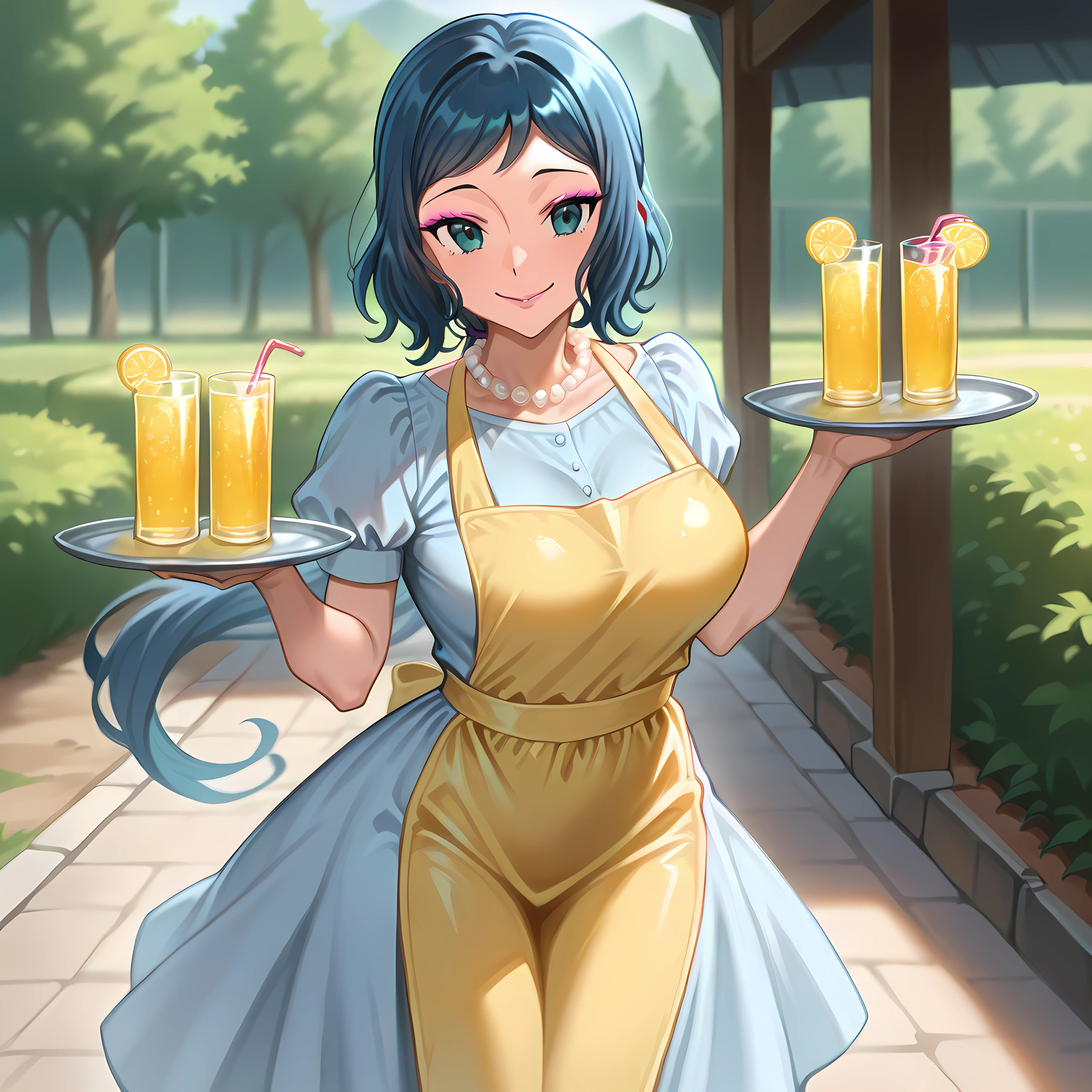Masterpiece, newest, perfect quality, best quality, 1girl, solo, iori rinko, cowboy shot, 50shous3wif3, jewelry, full body, makeup, pearl necklace, dress, pinafore apron, short sleeves, puffy sleeves, outdoors, backyard, tray, lemonade, smile,