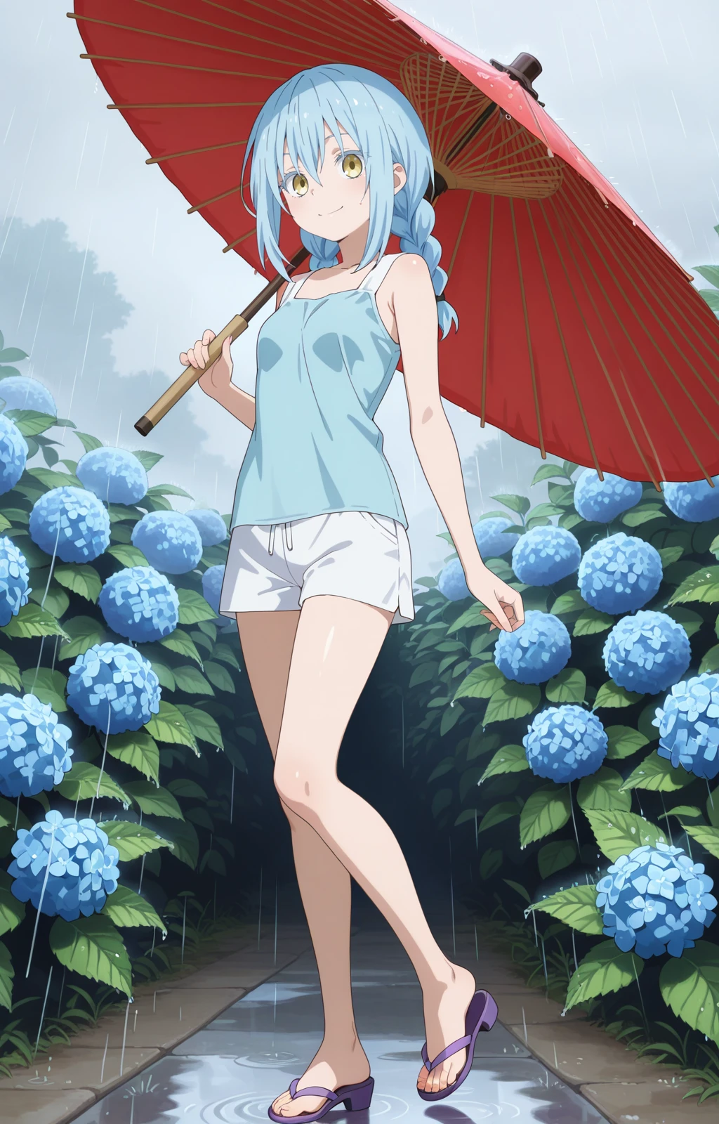 (masterpiece),best quality,amazing quality,very aesthetic,absurdres,newest,perfect body,shiny skin,perfect eyes,detail1eye,
rimuru tempest, nikki, 1girl, medium breasts, umbrella, solo, flower, hydrangea, braid, smile, blue hair,standing, , looking at viewer, , long hair, oil-paper umbrella, holding umbrella, shorts, holding, hair between eyes,, twin braids, sleeveless, bangs, closed mouth, rain,white shorts,<lora:rimuru_nikki_03+06_ILXL:1>
sandals, 1girl, solo, toes, feet, , legs, toenails, flip-flops,, purple footwear ,heel up,high heels,<lora:sandals_v3_ILXL:1>