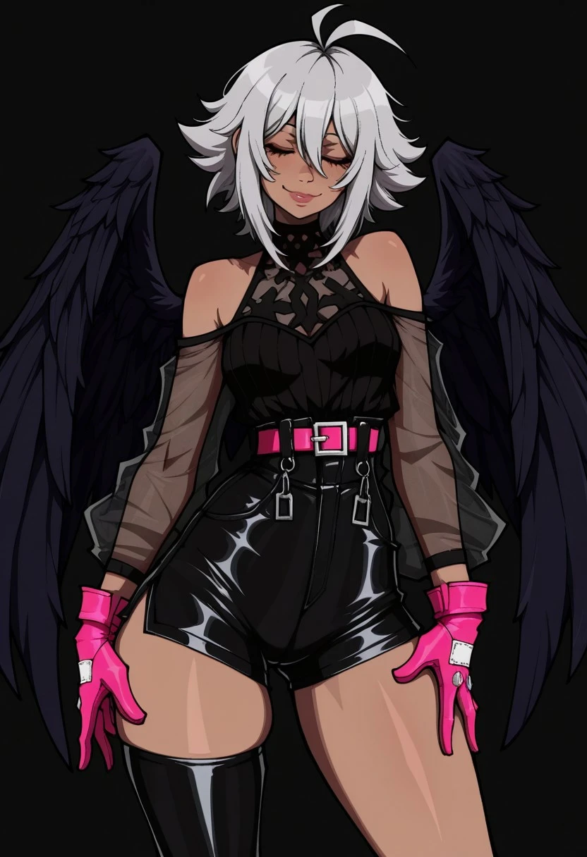 kekel, stylized, best quality, masterpiece, hires, aesthetic. solo, 1girl, closed eyes, lips, smile, grey hair, pose, dark-skinned female, bare shoulders, see-through jacket, black feather wings, high-waist shorts, dual-colored gloves, pink gloves, asymmetrical thigh-highs