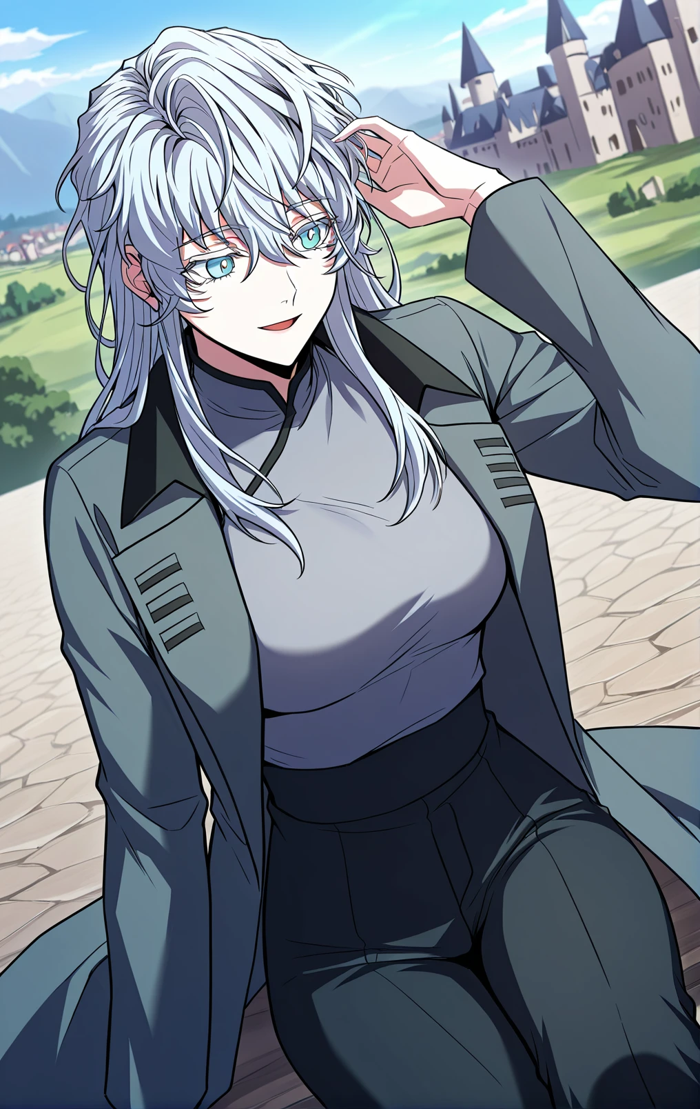 <lora:Return_of_Legendary_Spear_Knight__Icarus:1>
Icarus1, 1girl, solo, light blue eyes, long hair, messy hair, light silver hair, layered hair, wavy hair, long bangs, messy bangs, hair between eyes, face framing locks, hair covering eyes, strands over shoulder,
Icarus1_outfit, grey high-neck top, long sleeve top, long bluish grey overcoat, open overcoat, black collar, high-waist black pants, black boots
score_9, score_8_up, score_7_up, very aesthetic, source_anime, detailed, high quality, beautiful, masterpiece, detailed eyes, castle, village, blurry background, cityscape, pose dynamic angle, light smile, open mouth, hand on hair, sitting