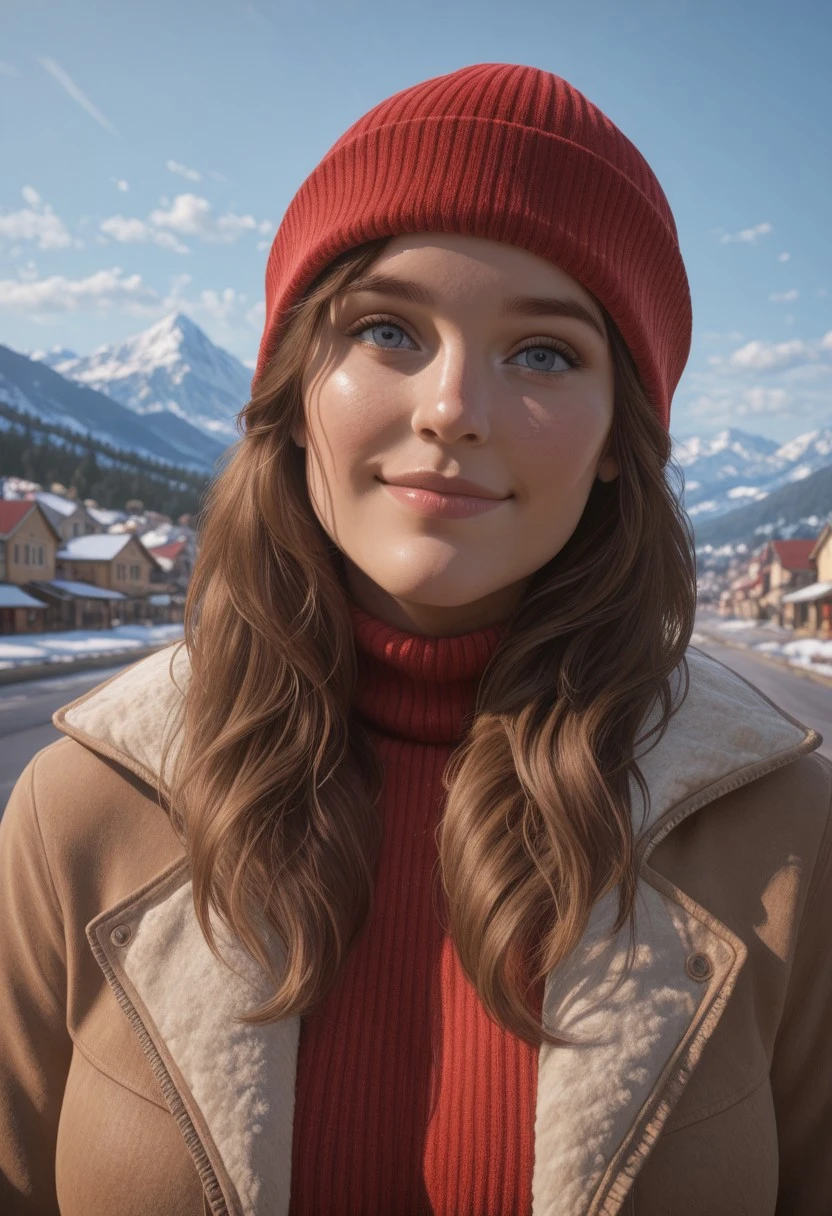 1girl, tmwalyson, brown hair, long hair, blue eyes,   looking at viewer,  , beanie, red headwear, sweater, coat , jeans, , best quality, good quality, absurdres , realistic, in a little town in Alaska, mountains in background, turtleneck, , portrait, face up, smile, big breasts, in the street , daylight,