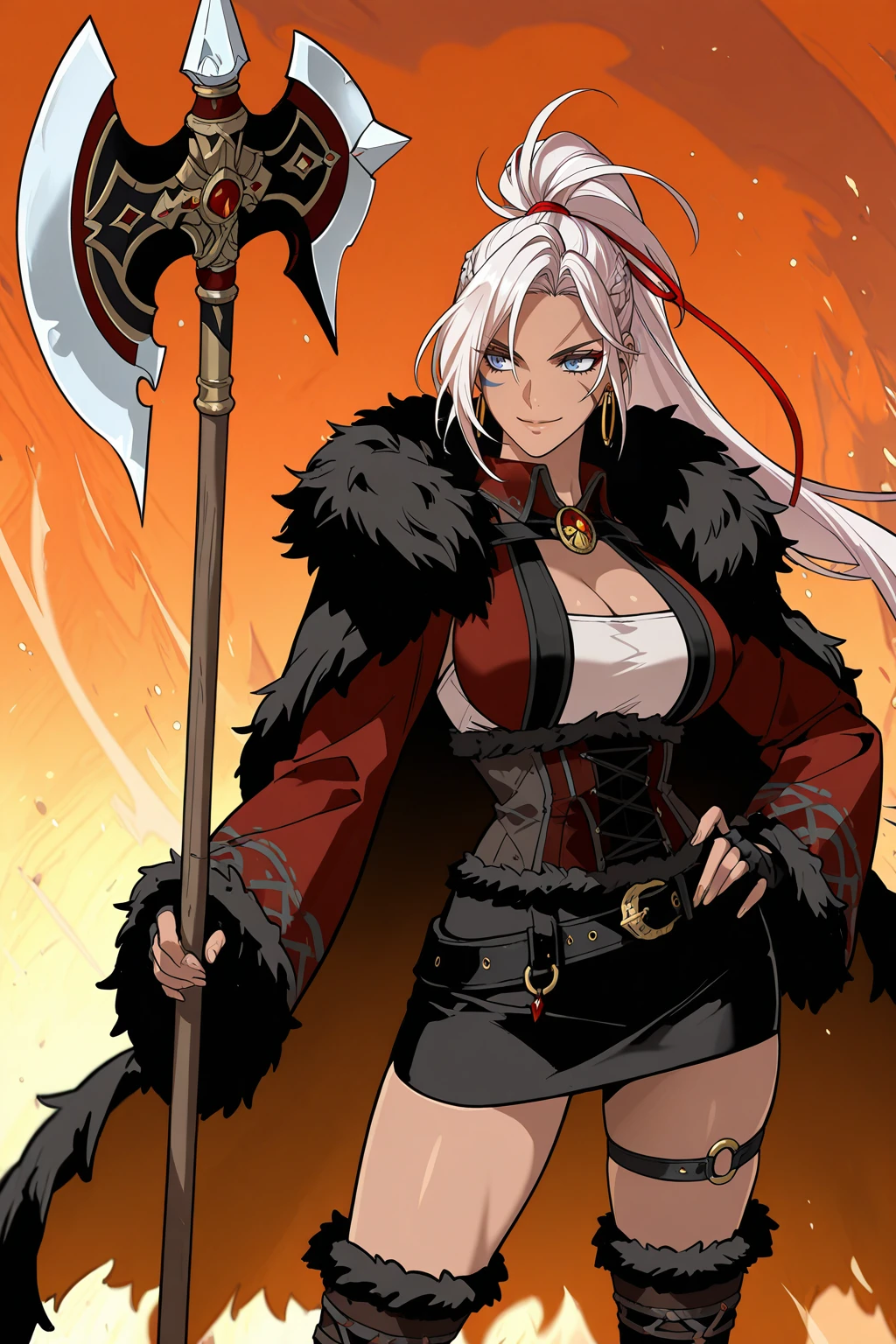 masterpiece, good quality, best quality, very awa, very as2, absurdres, highres
<lora:AranLastadventureerilluLora:1>aran, dark-skinned female, very long hair, white hair, braid, hair ribbon, ponytail, hoop earrings, blue eyes, scar on face, facial mark, fur-trimmed cape, collared halterneck, white bustier, cleavage, wide sleeves, fur-trimmed sleeves, fingerless gloves, brooch, fur-trimmed corset, black belt, belt buckle, black miniskirt, thigh strap, multiple thigh straps, o-ring thigh strap, fur-trimmed knee boots, high heels, smile, hand on own hip, holding axe, orange theme, cowboy shot, planted weapon