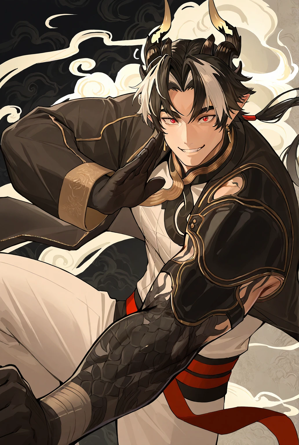 very awe,aesthetically pleasing,masterpiece,best quality,amazing quality,very aesthetic,ultra-detailed,high resolution,8k,1boy,solo,male focus,detailed face,horns,black hair,pointy ears,multicolored hair,white hair,jewelry,mature male,dragon boy,earrings,red eyes,colored skin arms,black arms,black hands,jacket,long sleeves,dynamic pose,steaming,smile,teeth,perspective,ink background,looking at viewer,<lora:add-detail-xl:1>,<lora:Chongyue:0.7>,chongyue ak,<lora:jiaocha_illustriousXL:0.5>,