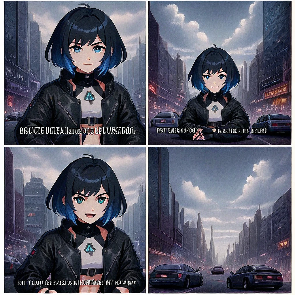 english text, sitting, cloudy sky, car, black jacket, city, open mouth, multiple views, fingerless gloves, motor vehicle, open clothes, blue hair, closed mouth, jacket, solo, black hair, short hair, long sleeves, smile
