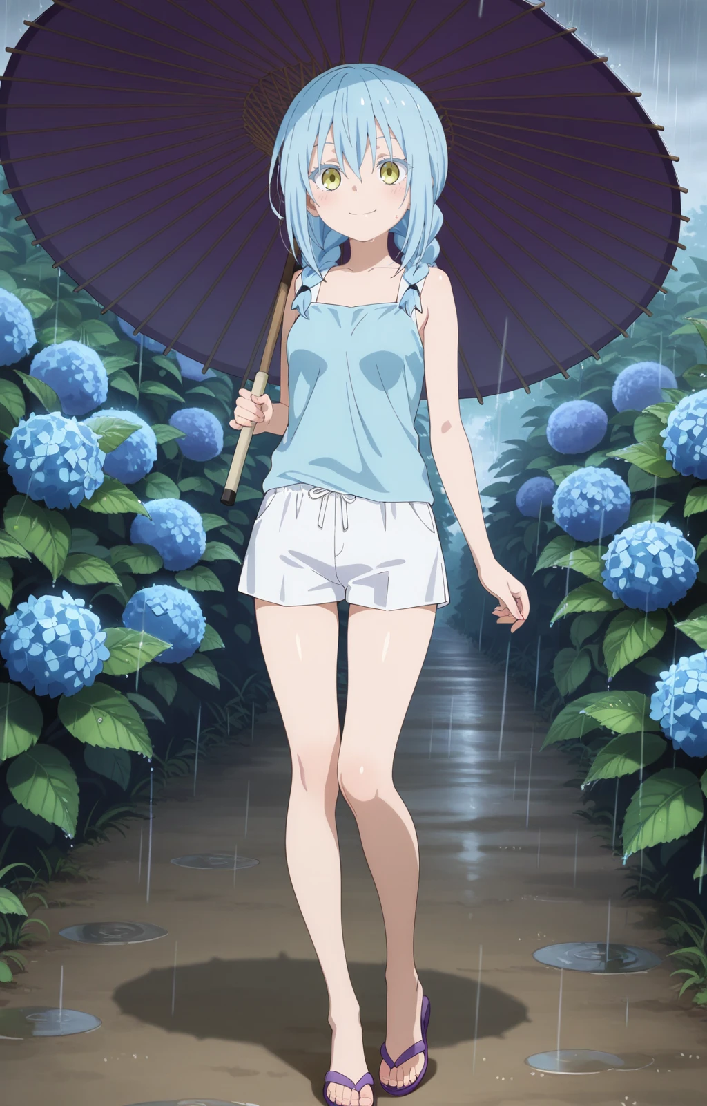 (masterpiece),best quality,amazing quality,very aesthetic,absurdres,newest,perfect body,shiny skin,perfect eyes,detail1eye,
rimuru tempest, nikki, 1girl, medium breasts, umbrella, solo, flower, hydrangea, braid, smile, blue hair,standing, , looking at viewer, , long hair, oil-paper umbrella, holding umbrella, shorts, holding, hair between eyes,, twin braids, sleeveless, bangs, closed mouth, rain,white shorts,<lora:rimuru_nikki_03+06_ILXL:1>
sandals, 1girl, solo, toes, feet, , legs, toenails, flip-flops,, purple footwear ,heel up,high heels,<lora:sandals_v3_ILXL:1>