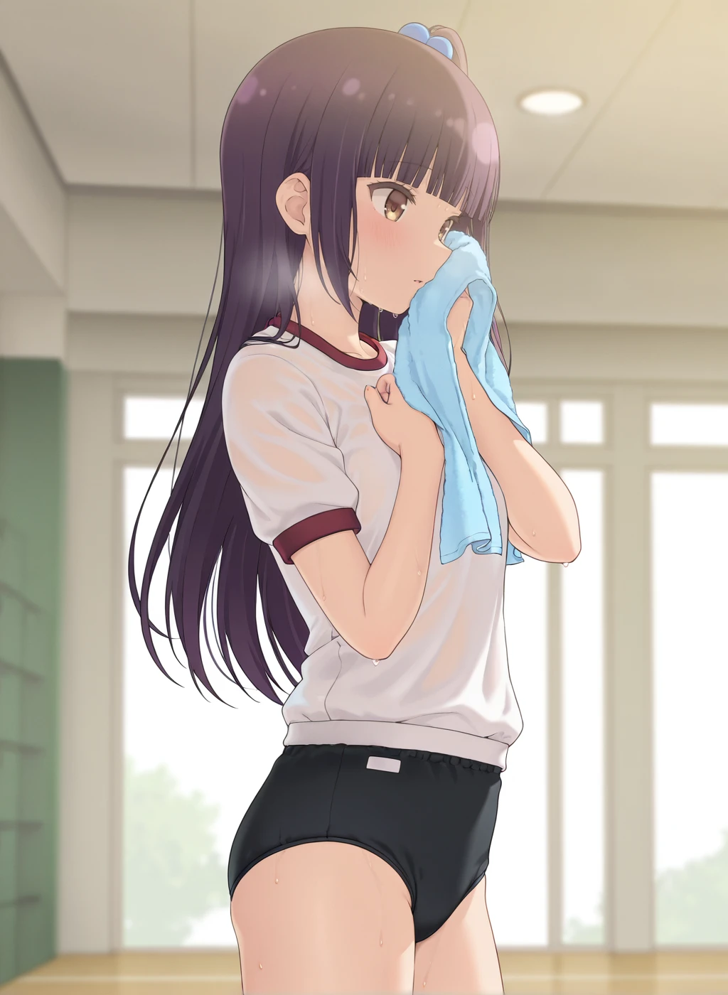 masterpiece,best quality,amazing quality,very aesthetic,high resolution,ultra-detailed,absurdres,newest,scenery,sensitive BREAK
<lora:nakajima_yua_V1_IL:1>,(nakajima yua, hinako note, long hair, purple hair, hair bobbles, blunt bangs, one side up, brown eyes),(black buruma,gym uniform,white shirt),1girl,solo,posing,standing,indoors,from side,sweat,towel,wiping sweat,